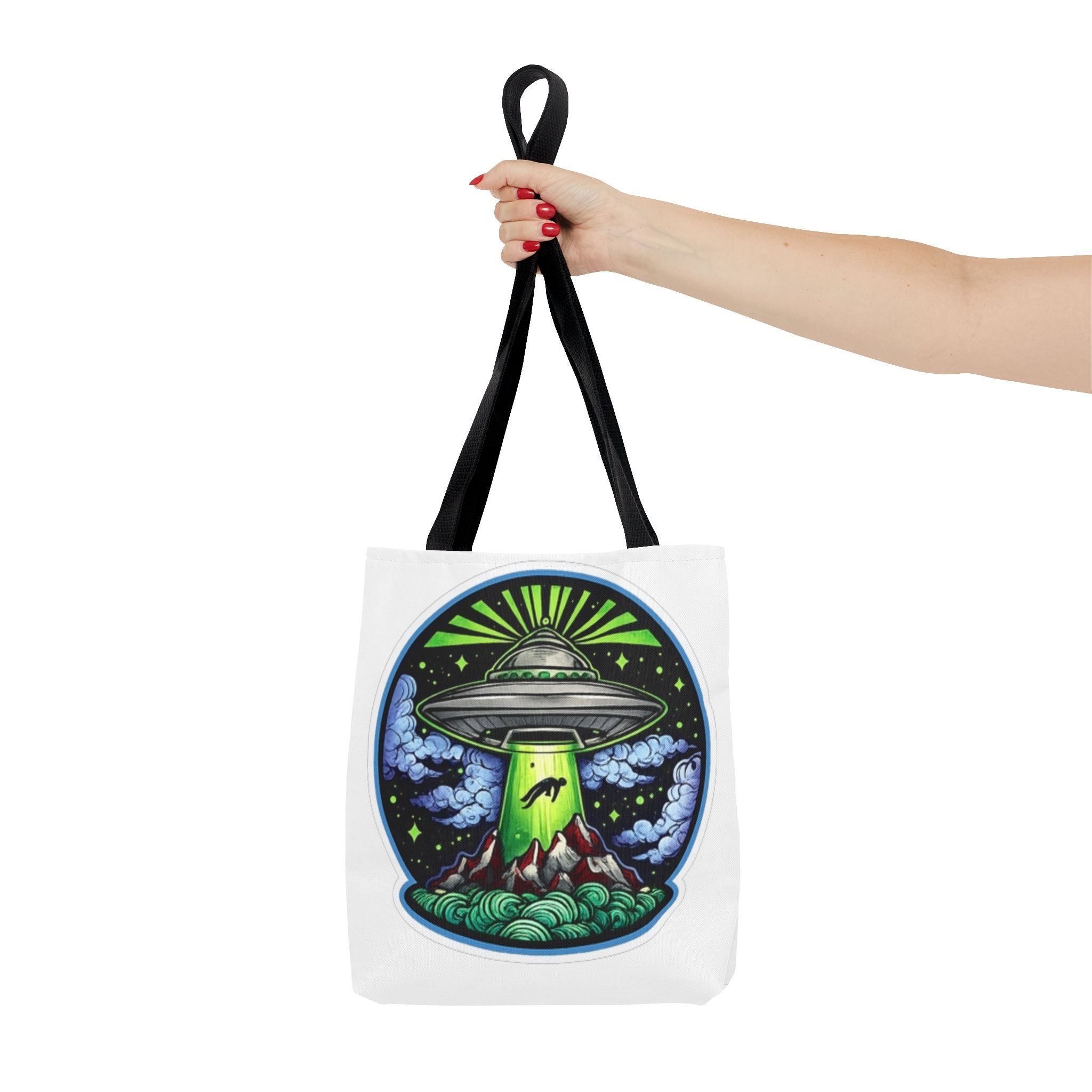 UFO Abduction Tote Bag — Alien Spaceship Mountain Art Tote