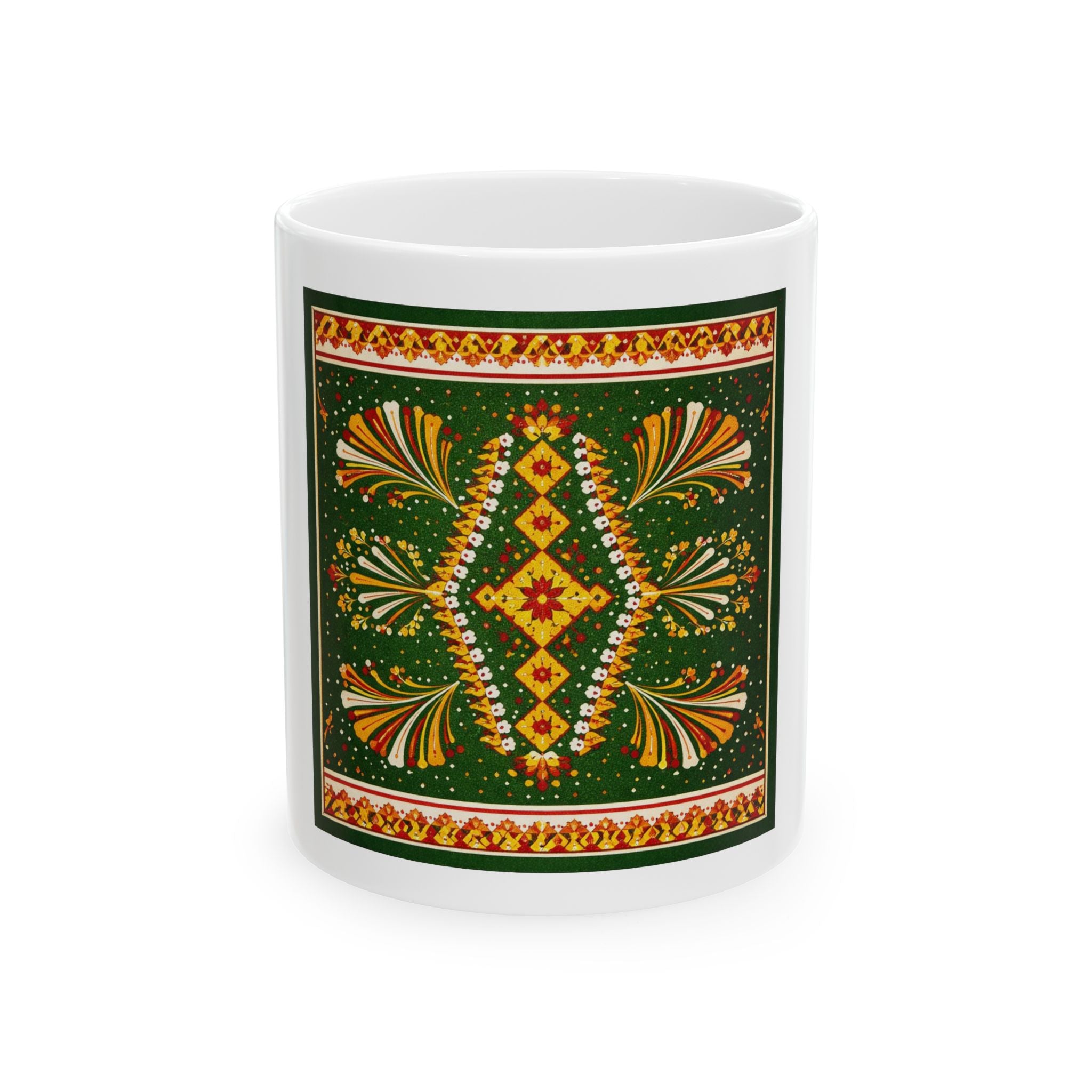 Patterned Ceramic Mug — Folk-Inspired Green and Gold Paisley Tile (11oz & 15oz)