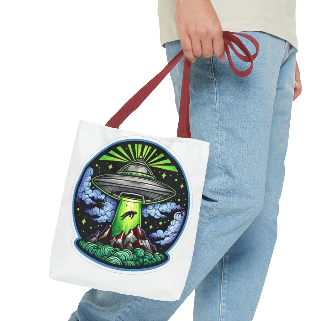 UFO Abduction Tote Bag — Alien Spaceship Mountain Art Tote