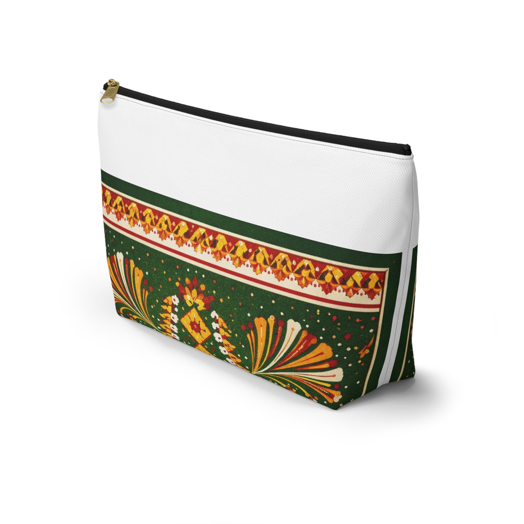 Floral Folk-Pattern Accessory Pouch — Green & Gold Boho Makeup Bag