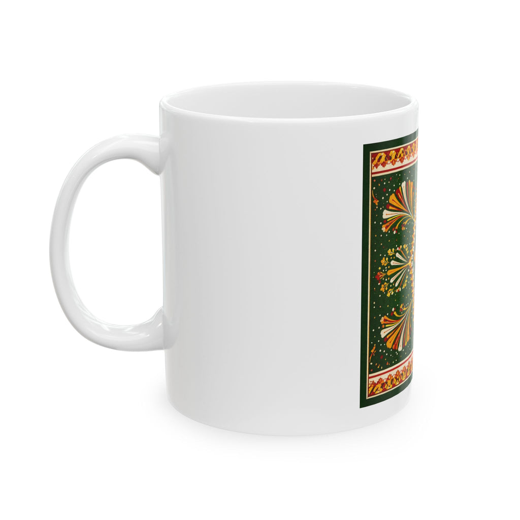 Patterned Ceramic Mug — Folk-Inspired Green and Gold Paisley Tile (11oz & 15oz)