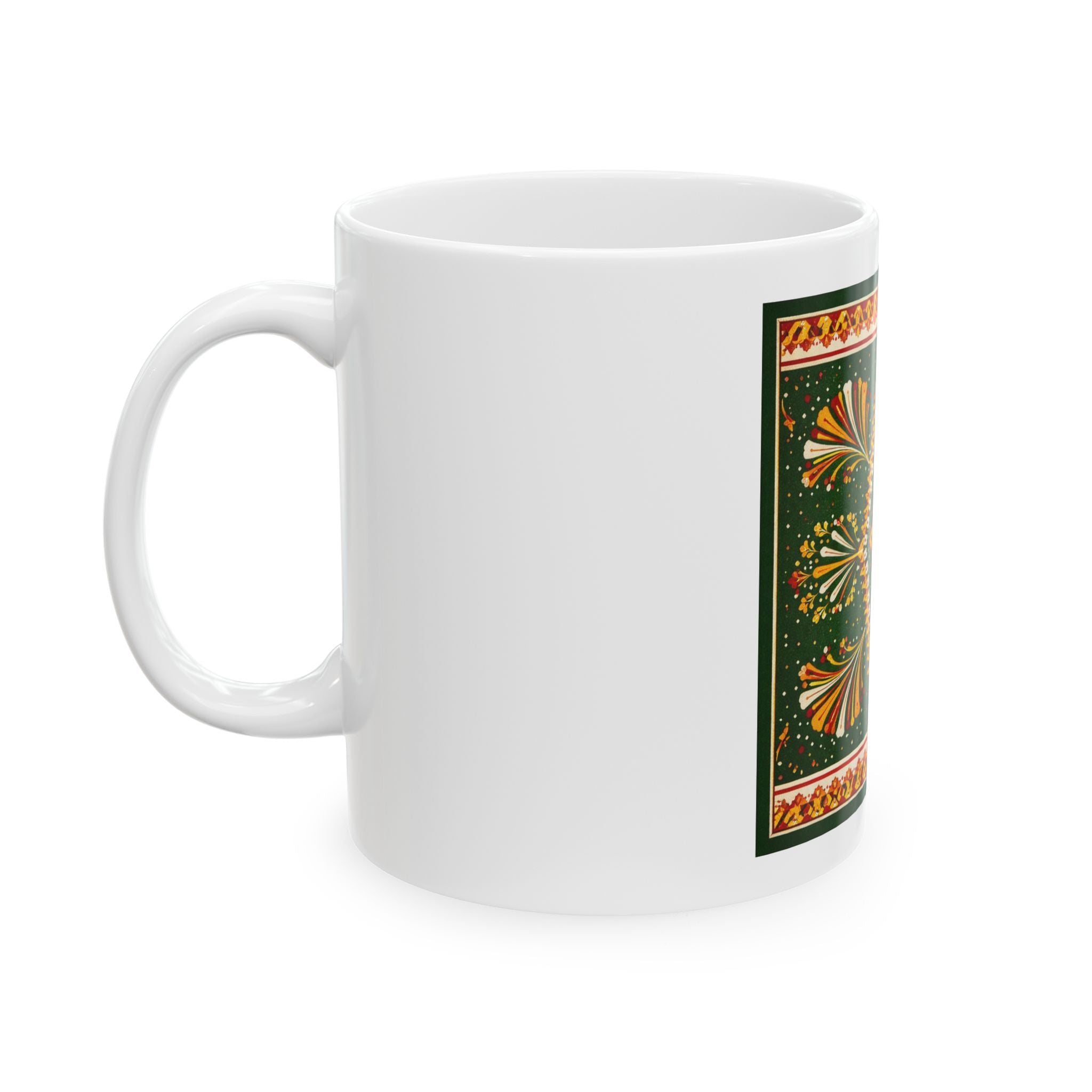 Patterned Ceramic Mug — Folk-Inspired Green and Gold Paisley Tile (11oz & 15oz)