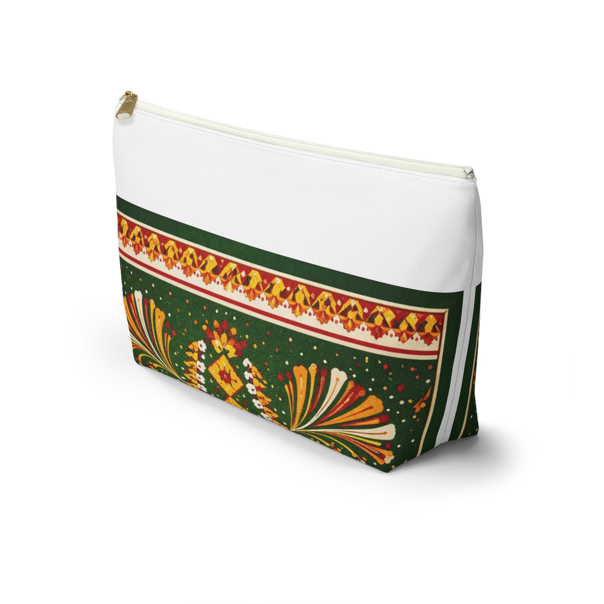 Floral Folk-Pattern Accessory Pouch — Green & Gold Boho Makeup Bag