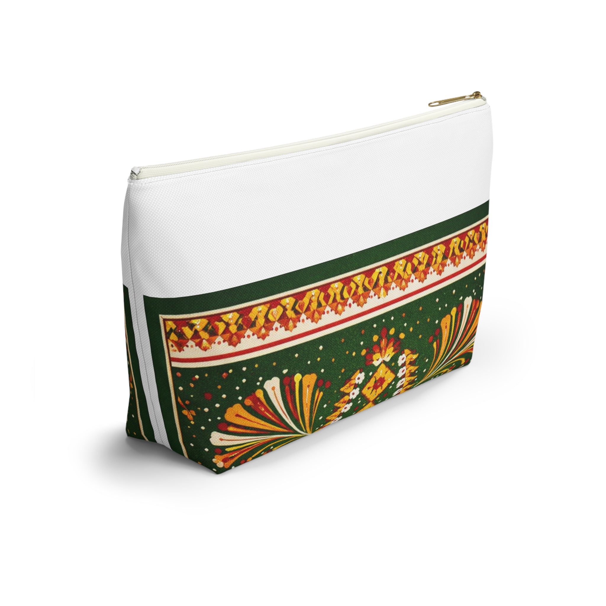 Floral Folk-Pattern Accessory Pouch — Green & Gold Boho Makeup Bag