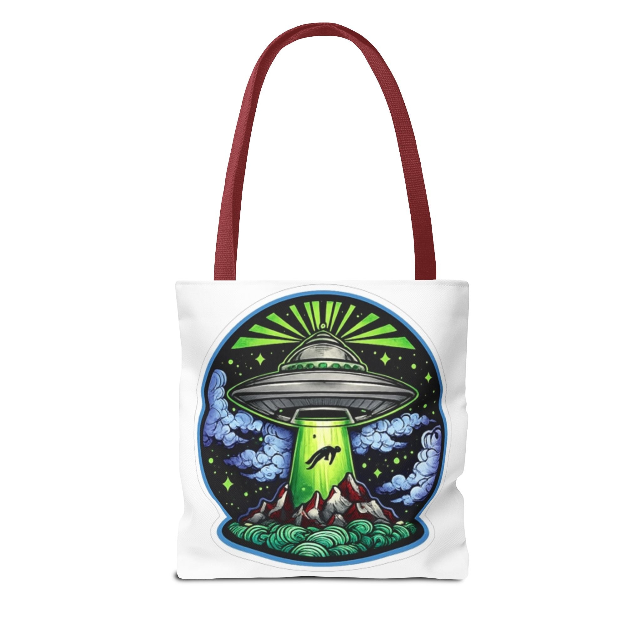UFO Abduction Tote Bag — Alien Spaceship Mountain Art Tote