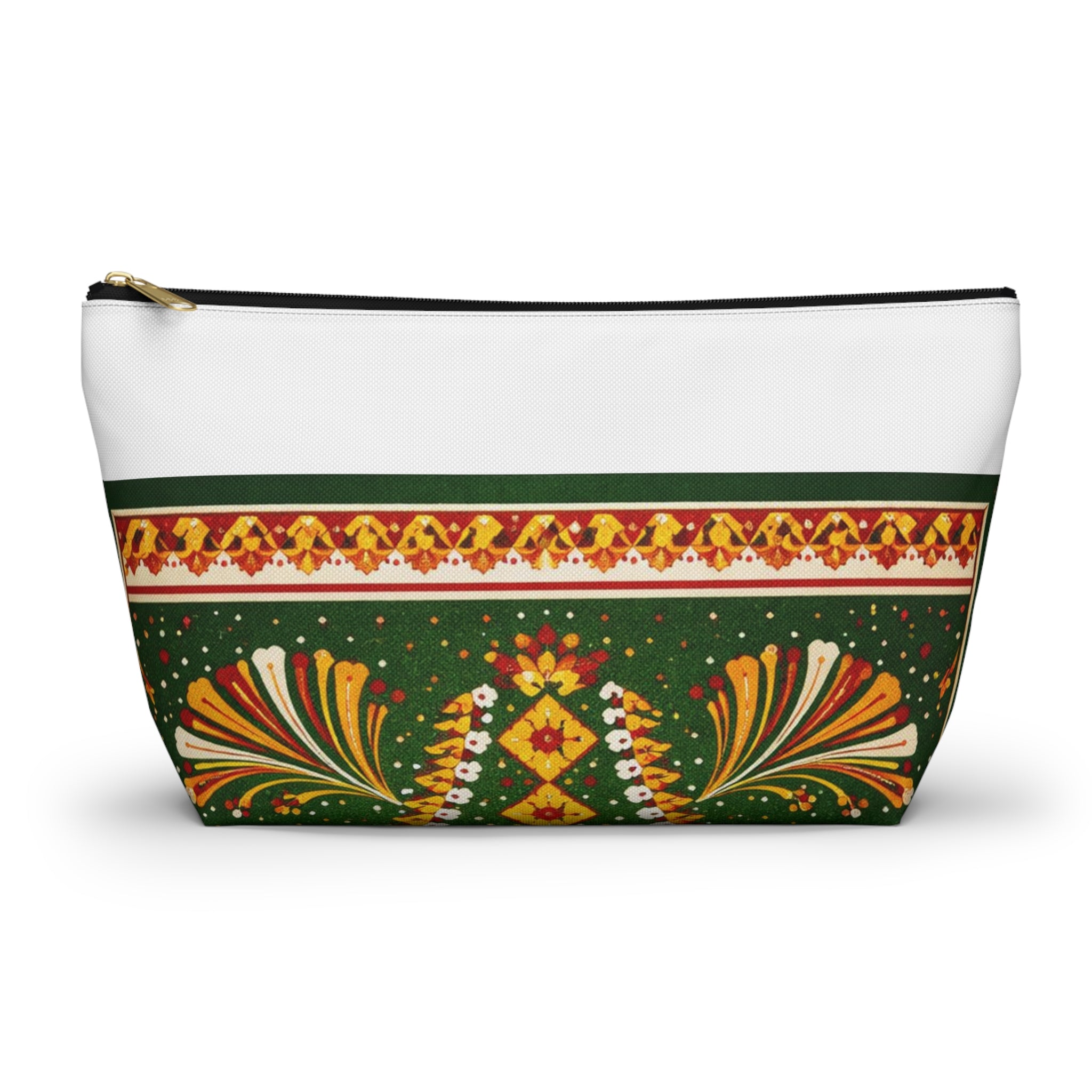 Floral Folk-Pattern Accessory Pouch — Green & Gold Boho Makeup Bag