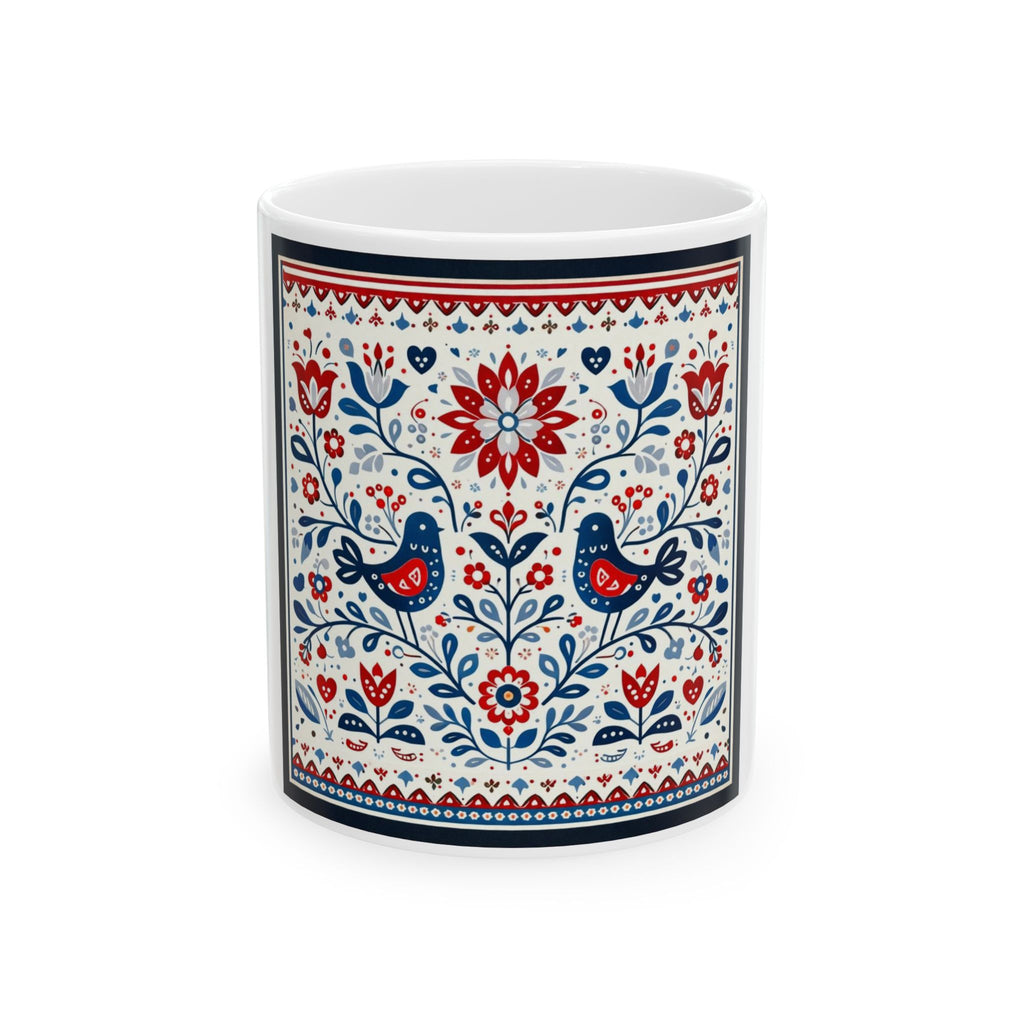 Folk Floral Bird Ceramic Mug – Red & Blue Scandinavian Pattern (11oz & 15oz)