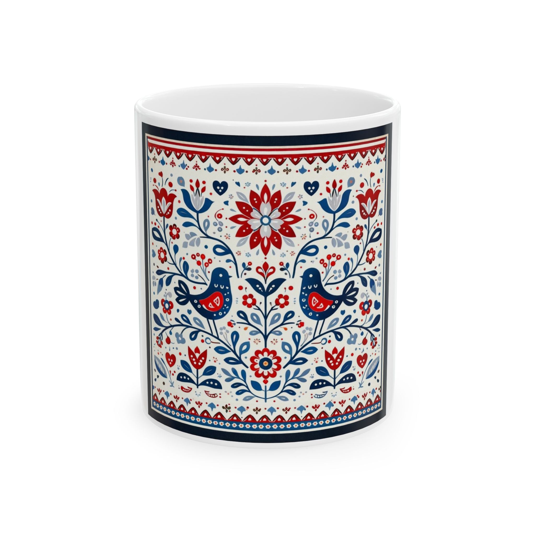 Folk Floral Bird Ceramic Mug – Red & Blue Scandinavian Pattern (11oz & 15oz)
