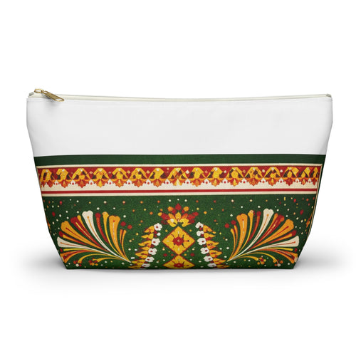 Floral Folk-Pattern Accessory Pouch — Green & Gold Boho Makeup Bag