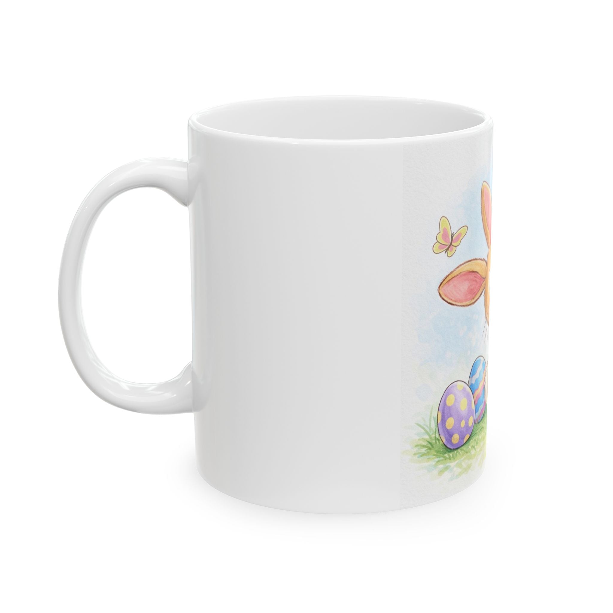 Easter Bunny Ceramic Mug — Cute Bunny Hugging Painted Easter Eggs (11oz & 15oz)