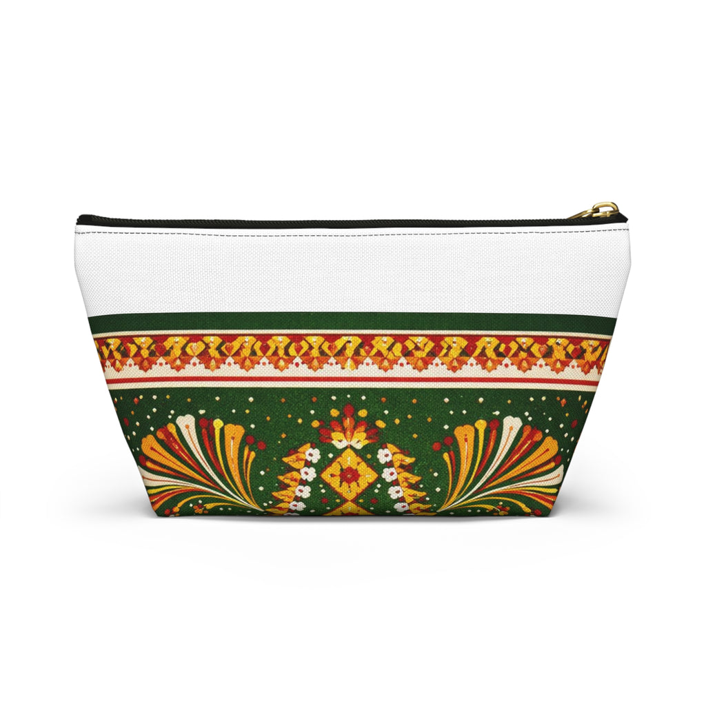 Floral Folk-Pattern Accessory Pouch — Green & Gold Boho Makeup Bag