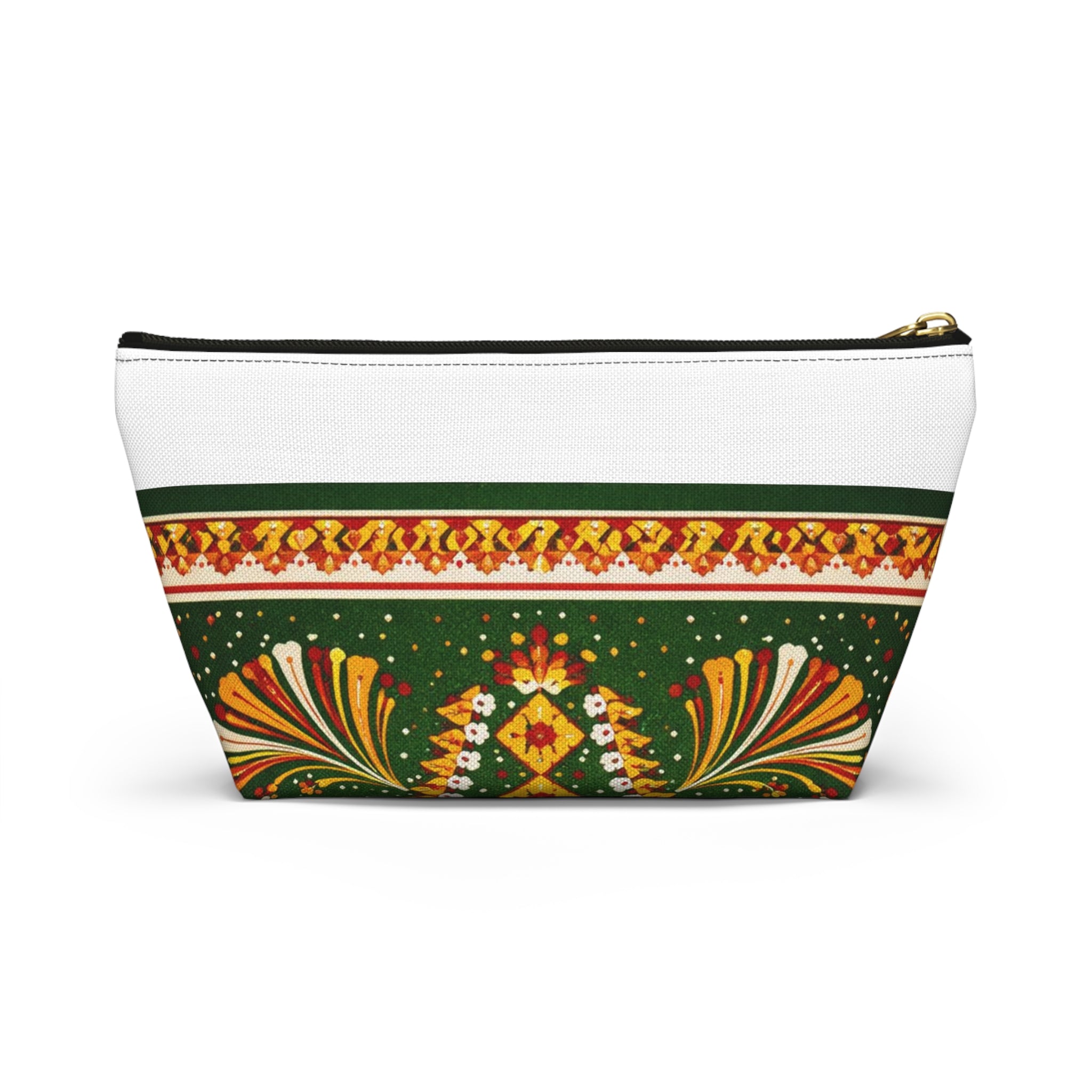 Floral Folk-Pattern Accessory Pouch — Green & Gold Boho Makeup Bag