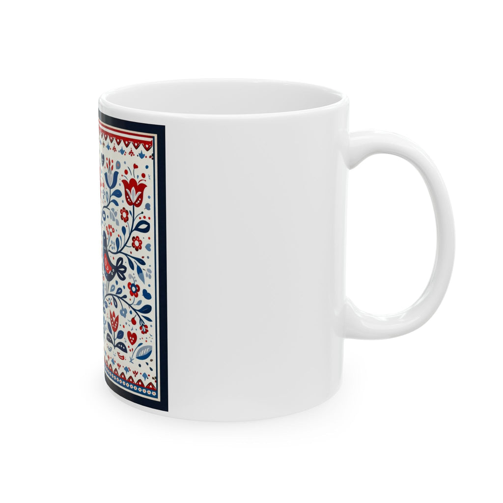 Folk Floral Bird Ceramic Mug – Red & Blue Scandinavian Pattern (11oz & 15oz)