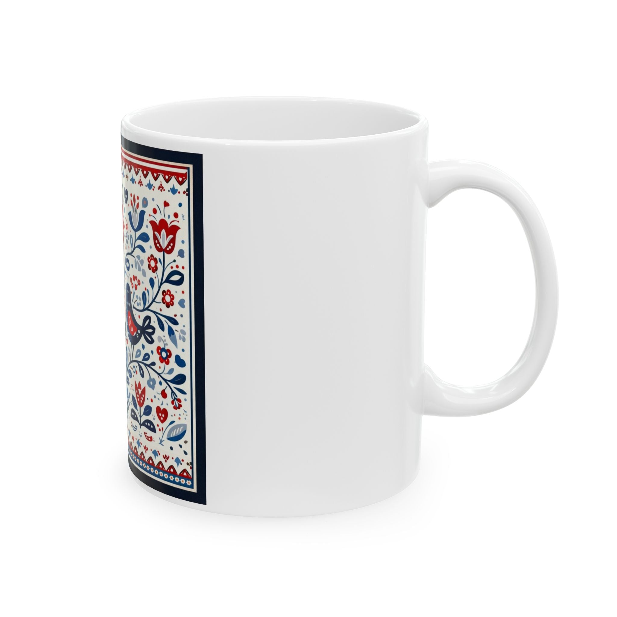 Folk Floral Bird Ceramic Mug – Red & Blue Scandinavian Pattern (11oz & 15oz)