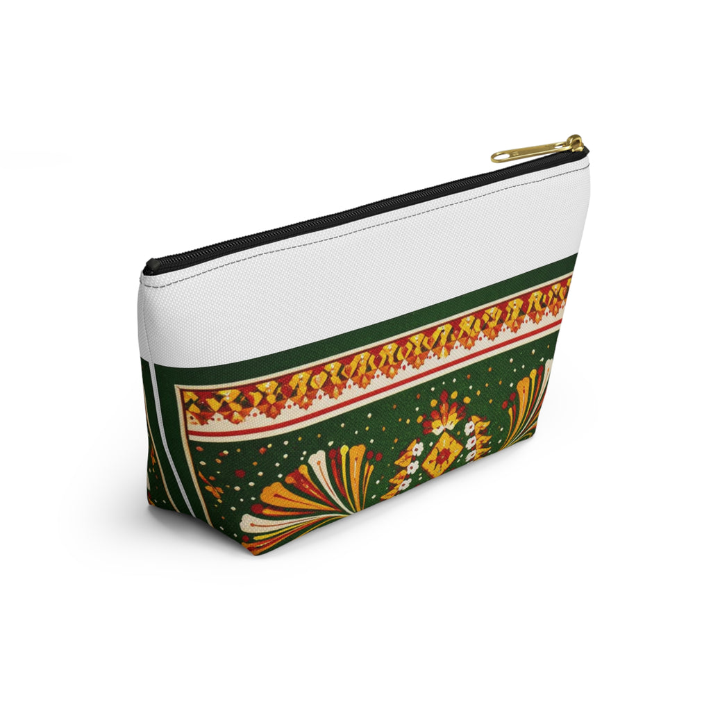Floral Folk-Pattern Accessory Pouch — Green & Gold Boho Makeup Bag
