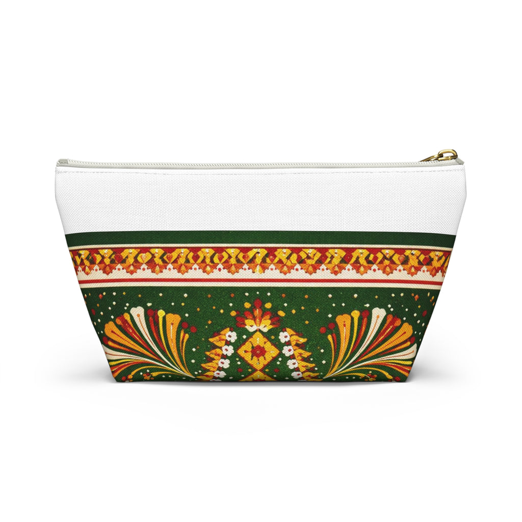 Floral Folk-Pattern Accessory Pouch — Green & Gold Boho Makeup Bag