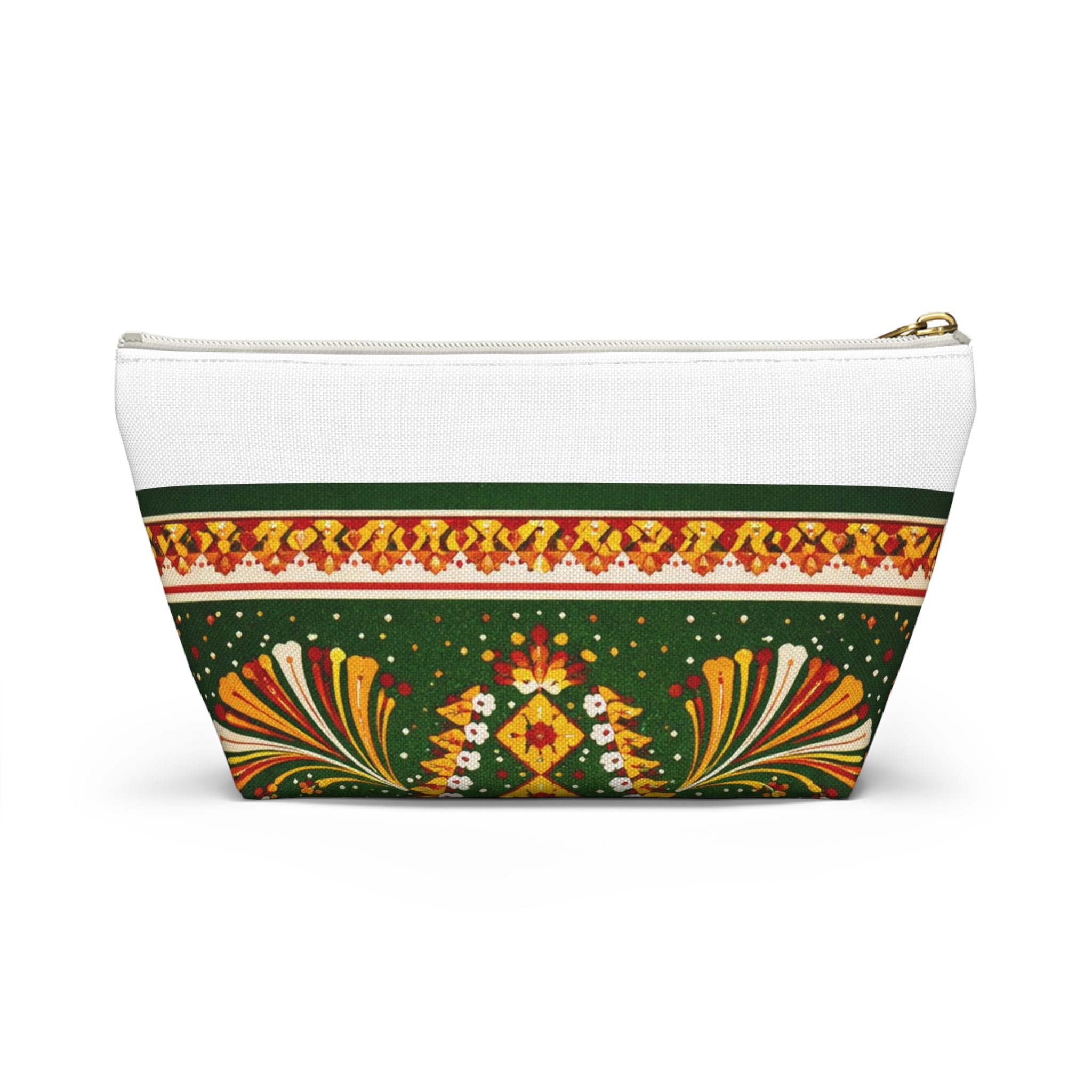 Floral Folk-Pattern Accessory Pouch — Green & Gold Boho Makeup Bag