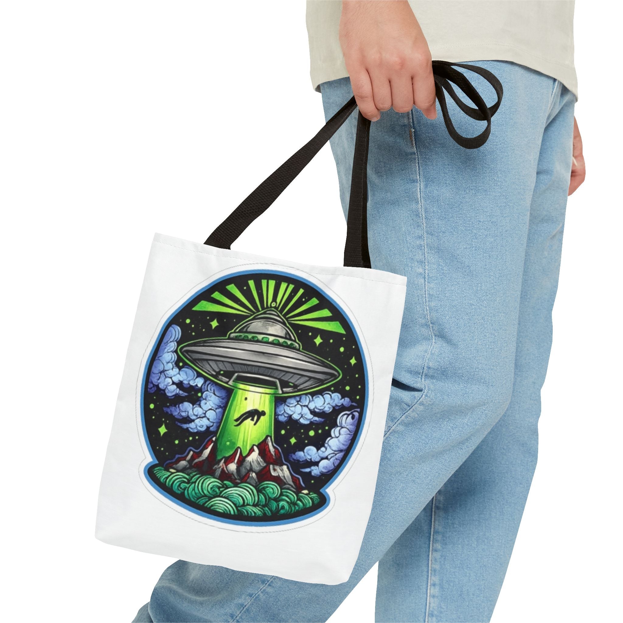UFO Abduction Tote Bag — Alien Spaceship Mountain Art Tote