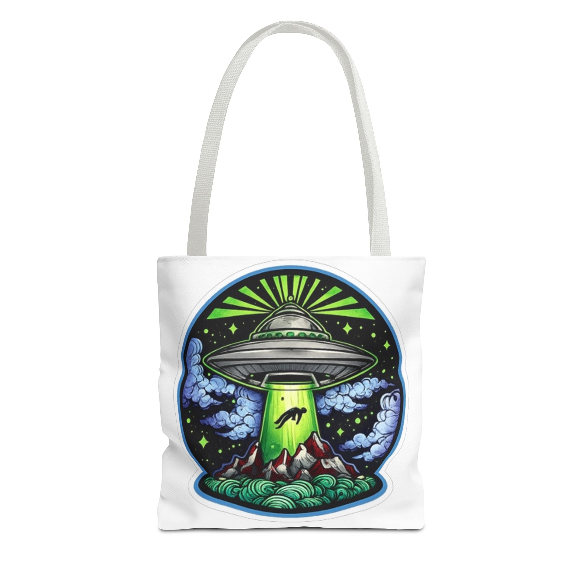 UFO Abduction Tote Bag — Alien Spaceship Mountain Art Tote
