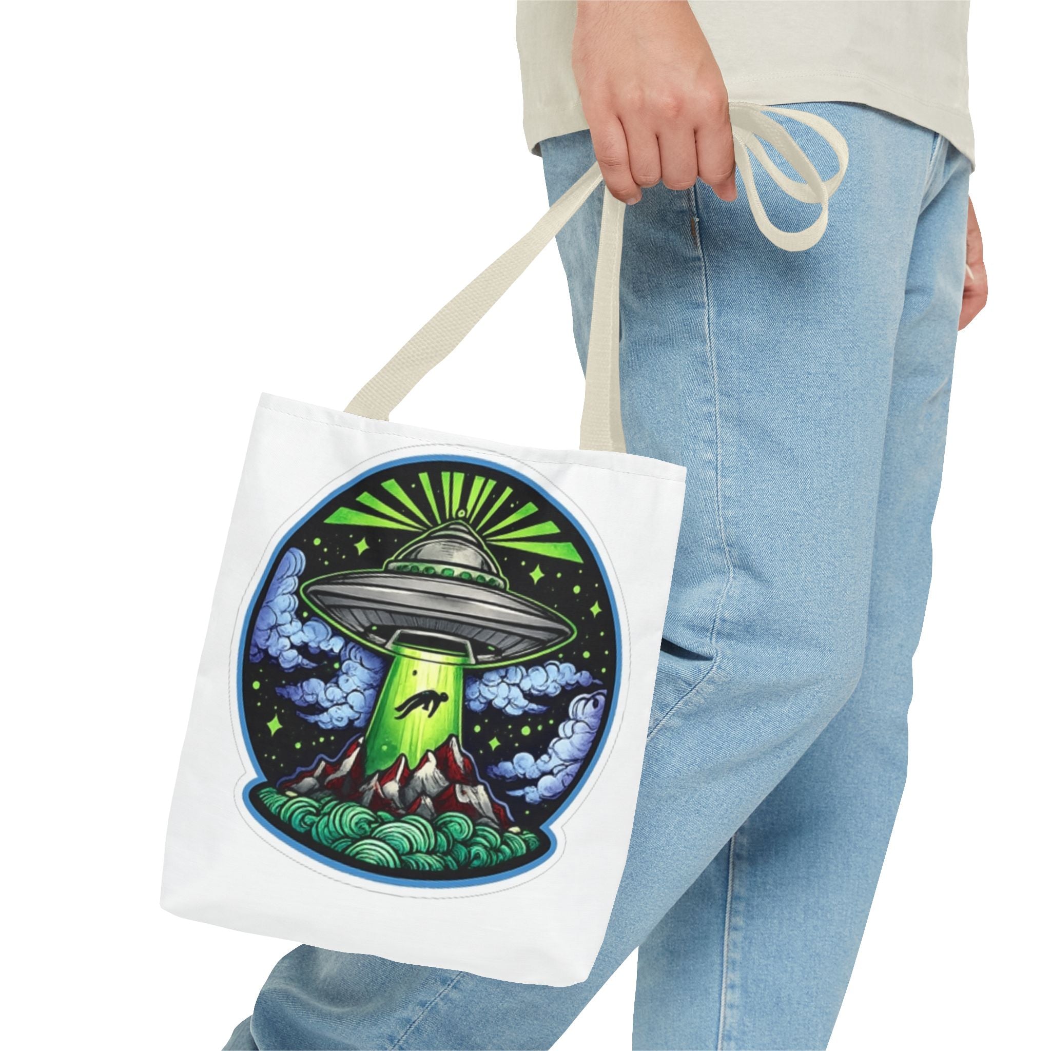 UFO Abduction Tote Bag — Alien Spaceship Mountain Art Tote
