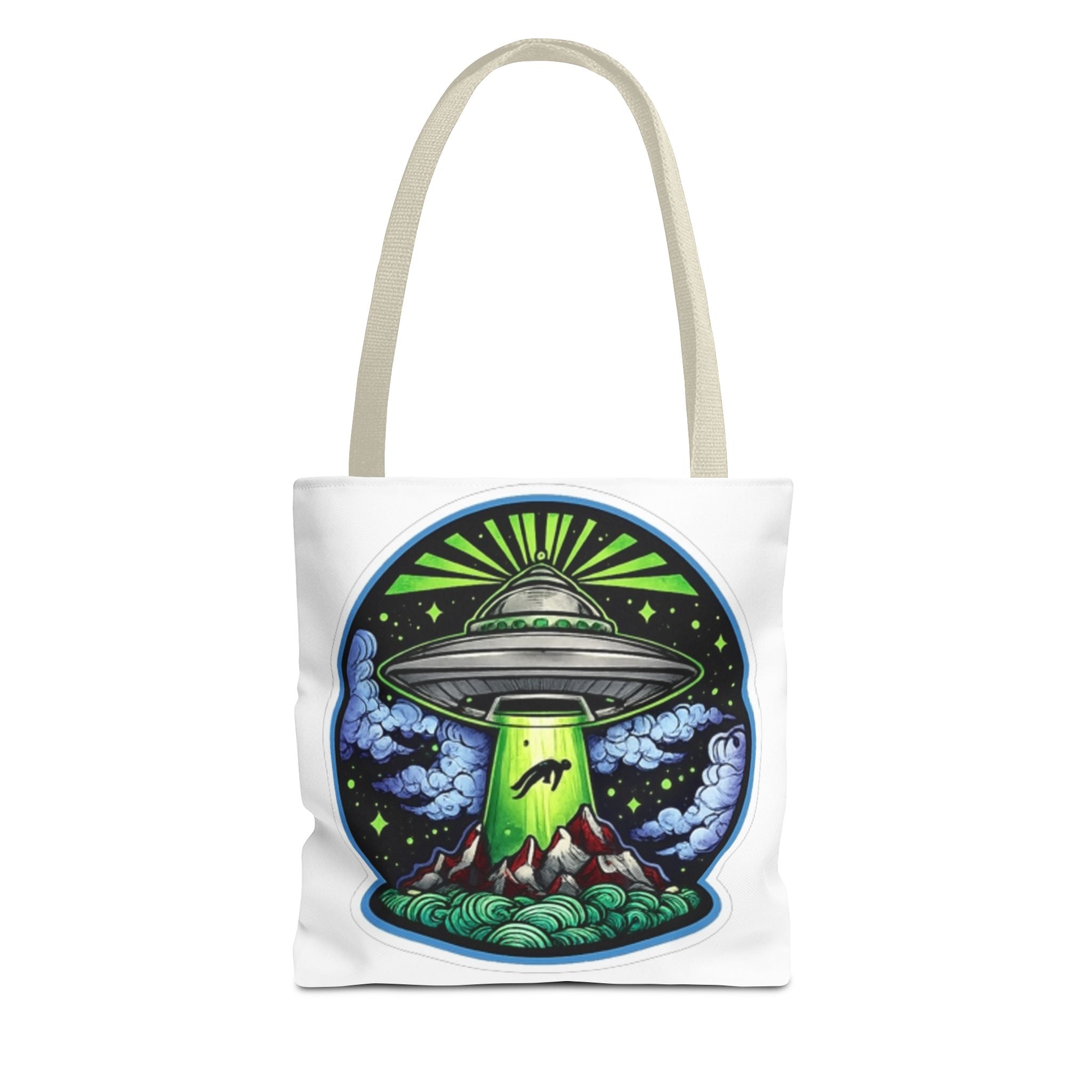 UFO Abduction Tote Bag — Alien Spaceship Mountain Art Tote
