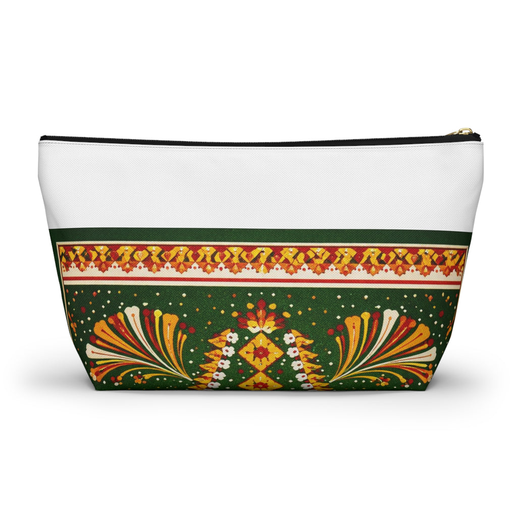 Floral Folk-Pattern Accessory Pouch — Green & Gold Boho Makeup Bag