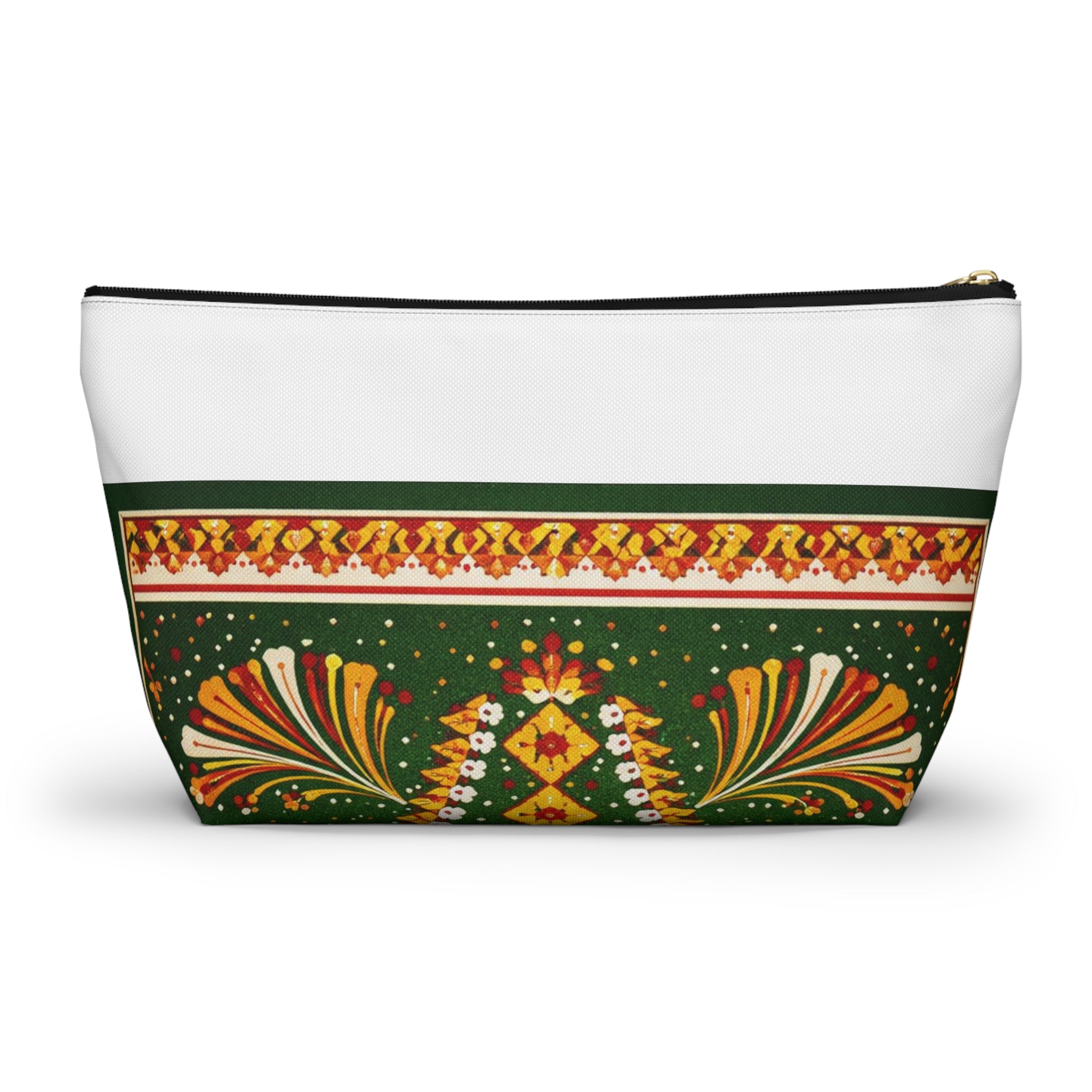 Floral Folk-Pattern Accessory Pouch — Green & Gold Boho Makeup Bag
