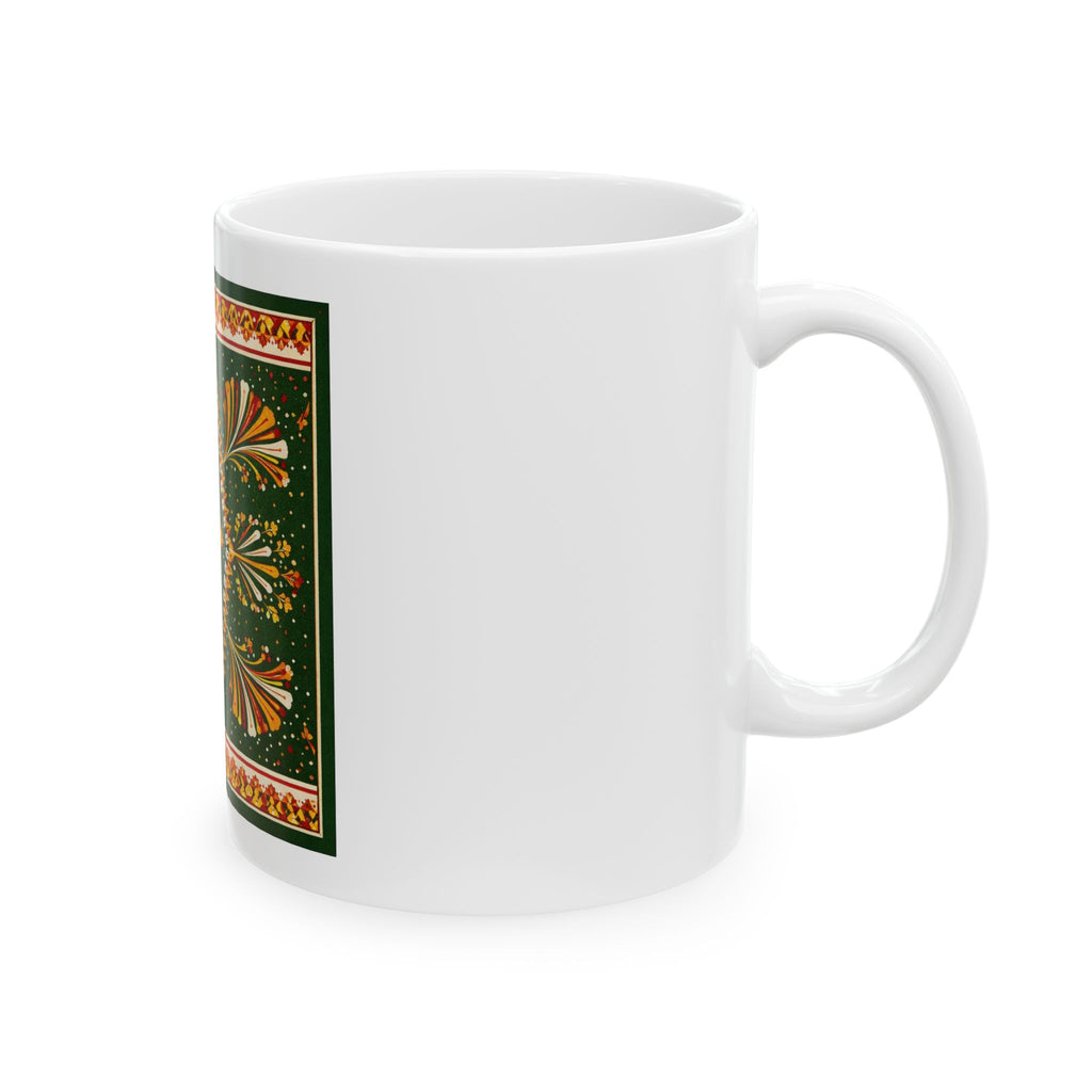 Patterned Ceramic Mug — Folk-Inspired Green and Gold Paisley Tile (11oz & 15oz)