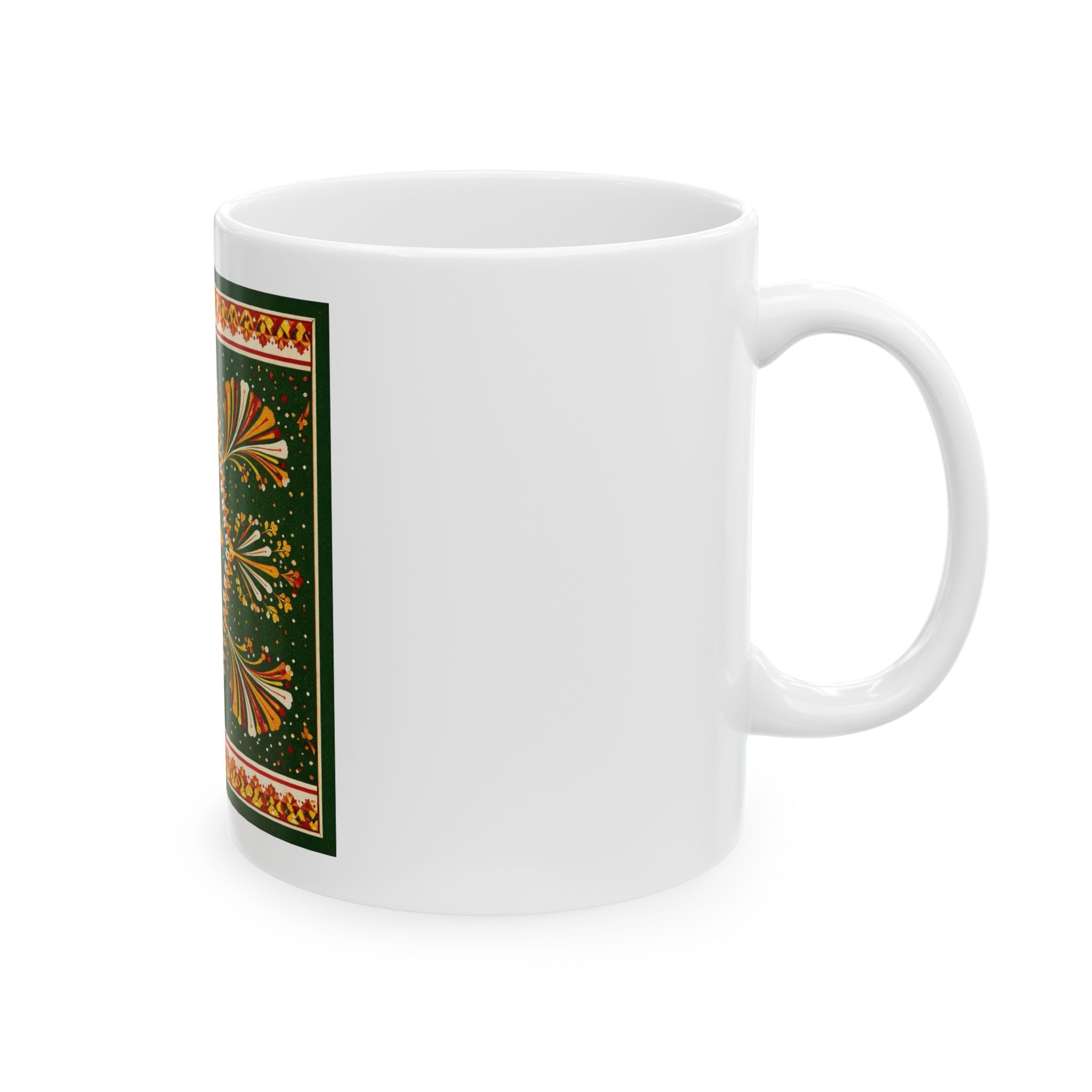 Patterned Ceramic Mug — Folk-Inspired Green and Gold Paisley Tile (11oz & 15oz)