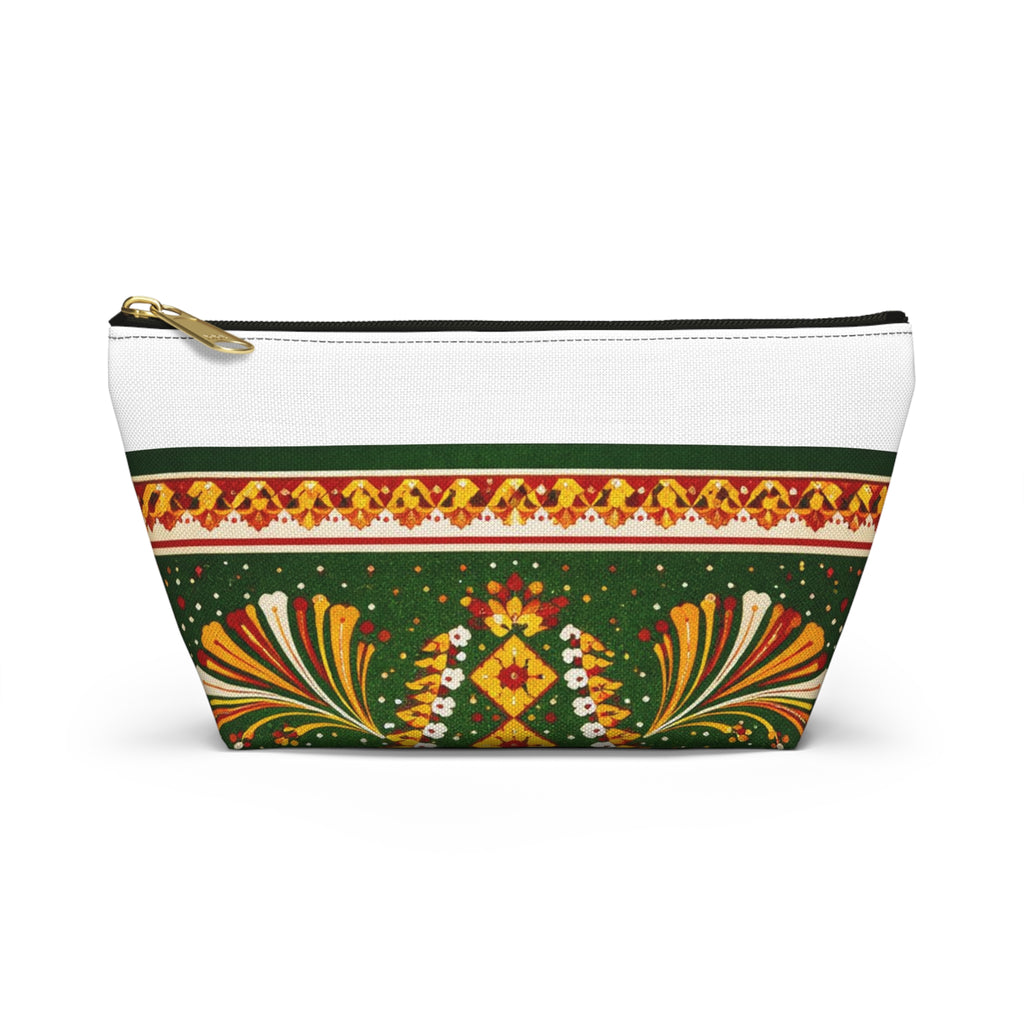 Floral Folk-Pattern Accessory Pouch — Green & Gold Boho Makeup Bag