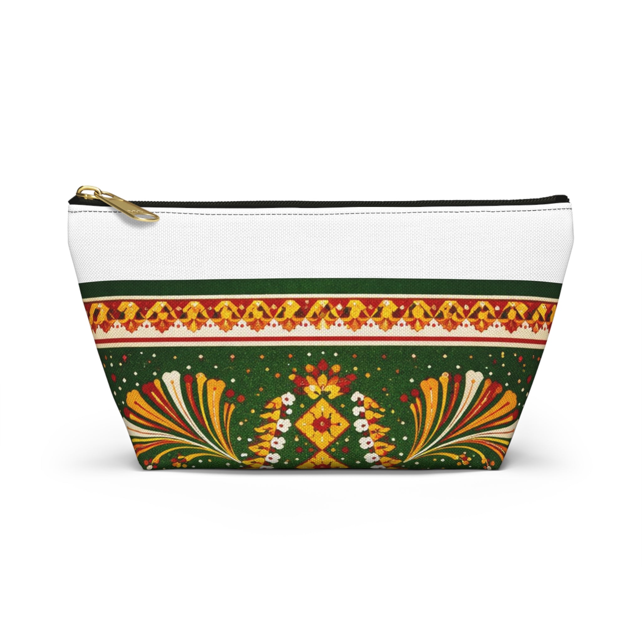 Floral Folk-Pattern Accessory Pouch — Green & Gold Boho Makeup Bag
