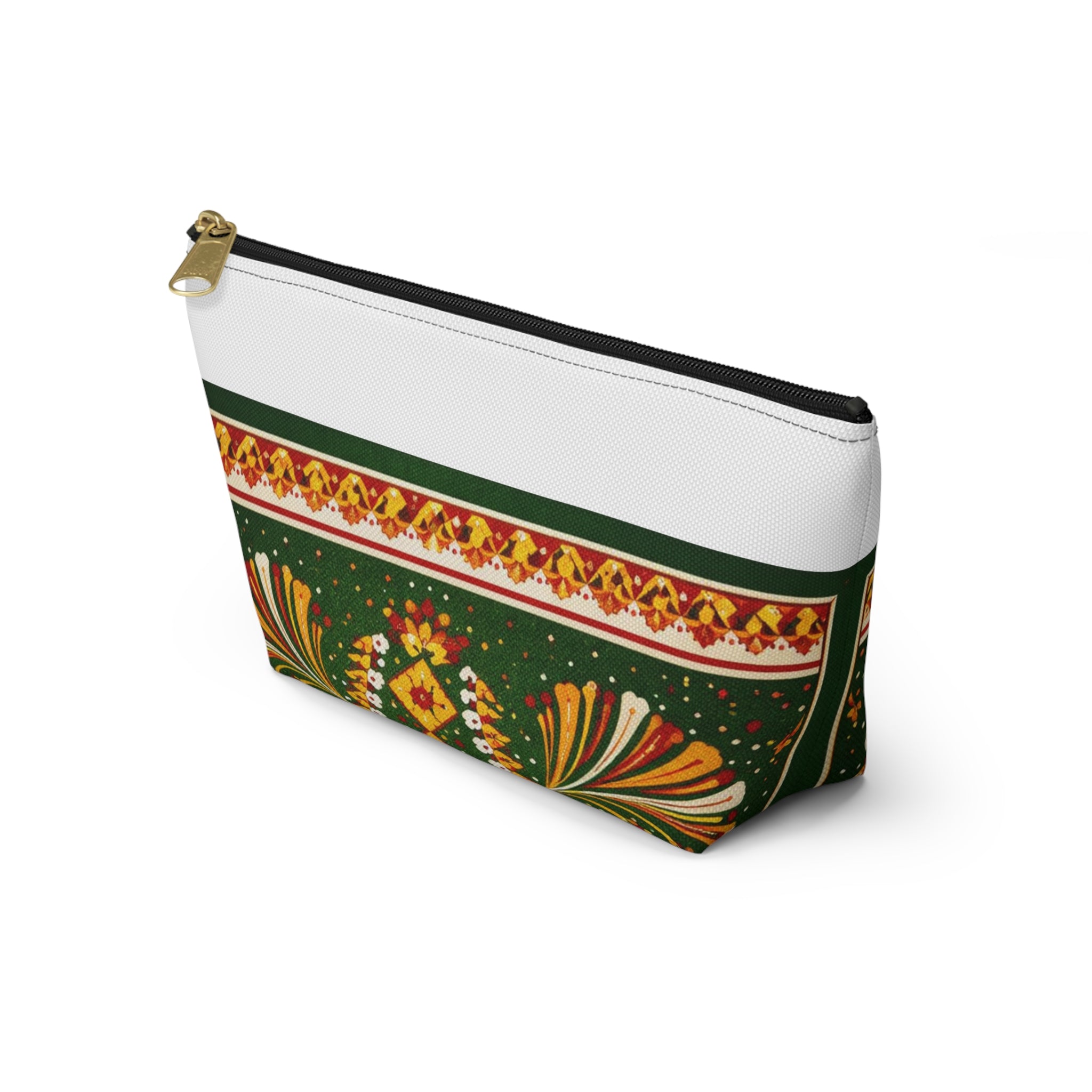 Floral Folk-Pattern Accessory Pouch — Green & Gold Boho Makeup Bag