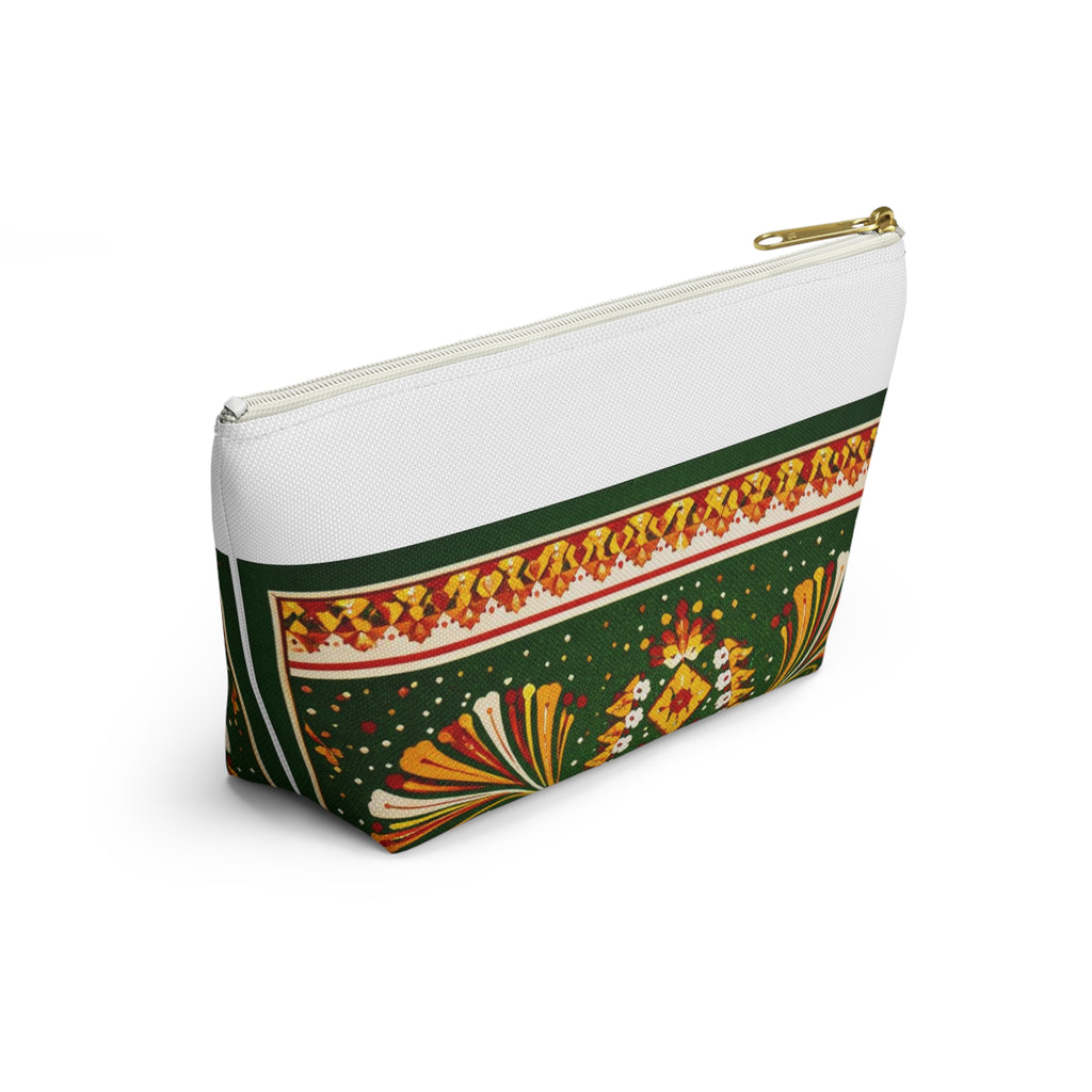 Floral Folk-Pattern Accessory Pouch — Green & Gold Boho Makeup Bag