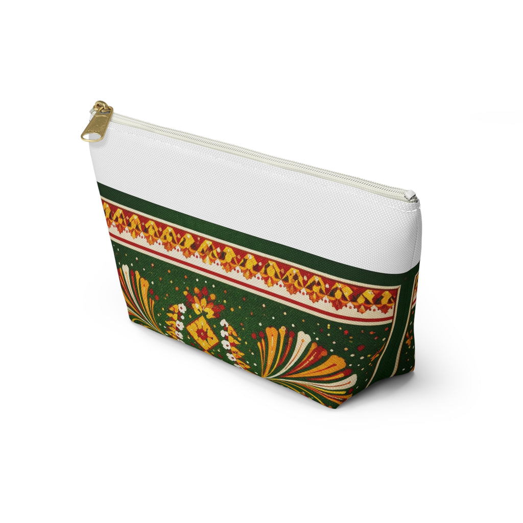 Floral Folk-Pattern Accessory Pouch — Green & Gold Boho Makeup Bag