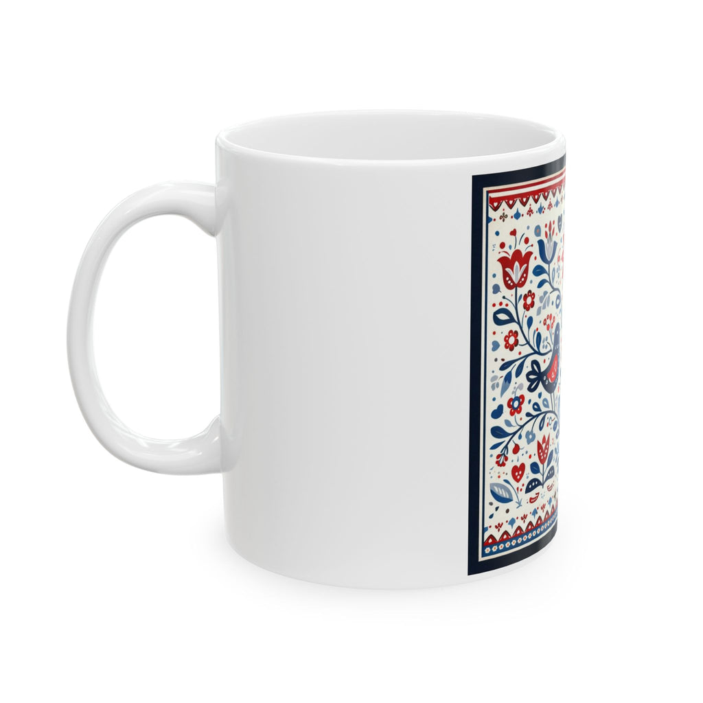 Folk Floral Bird Ceramic Mug – Red & Blue Scandinavian Pattern (11oz & 15oz)