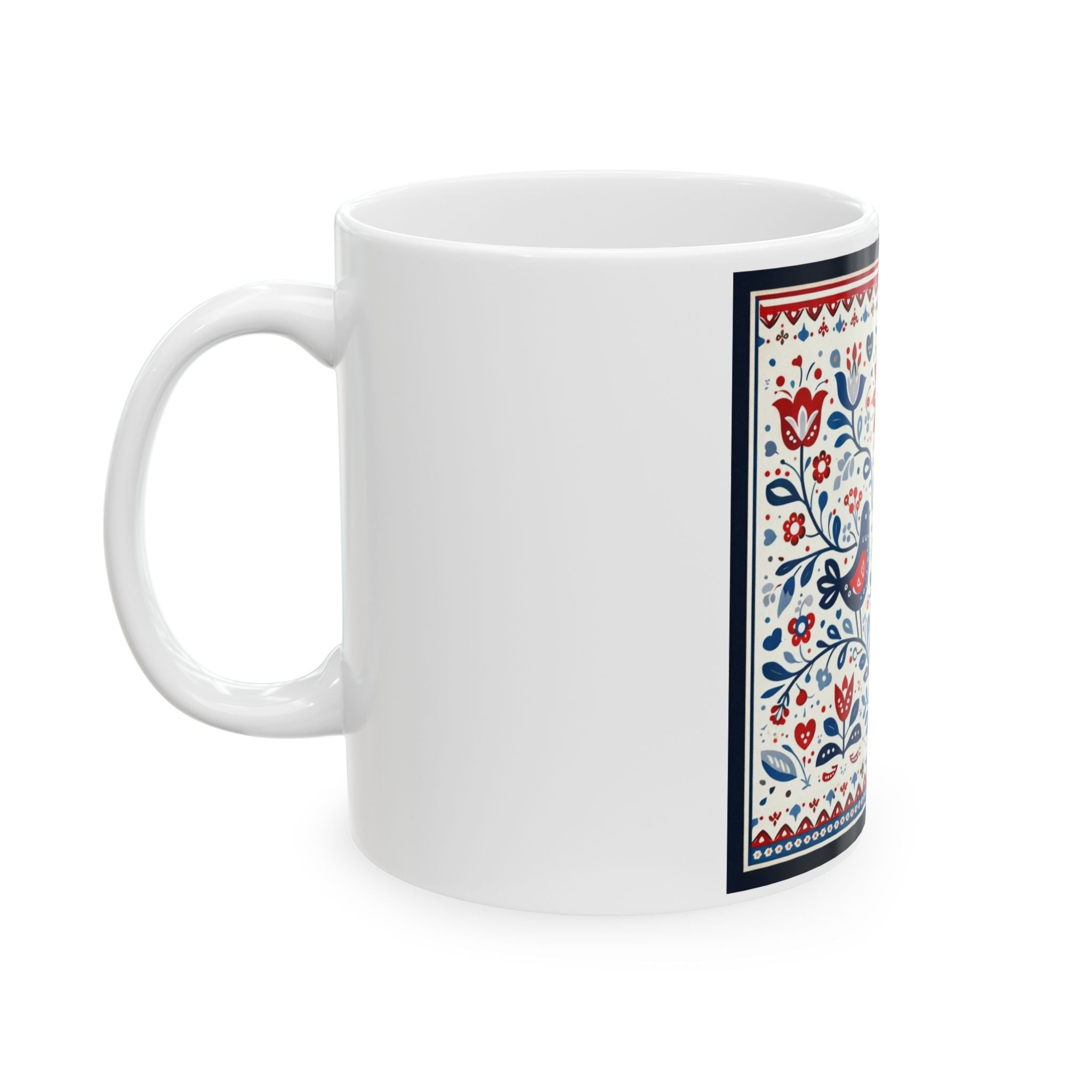 Folk Floral Bird Ceramic Mug – Red & Blue Scandinavian Pattern (11oz & 15oz)