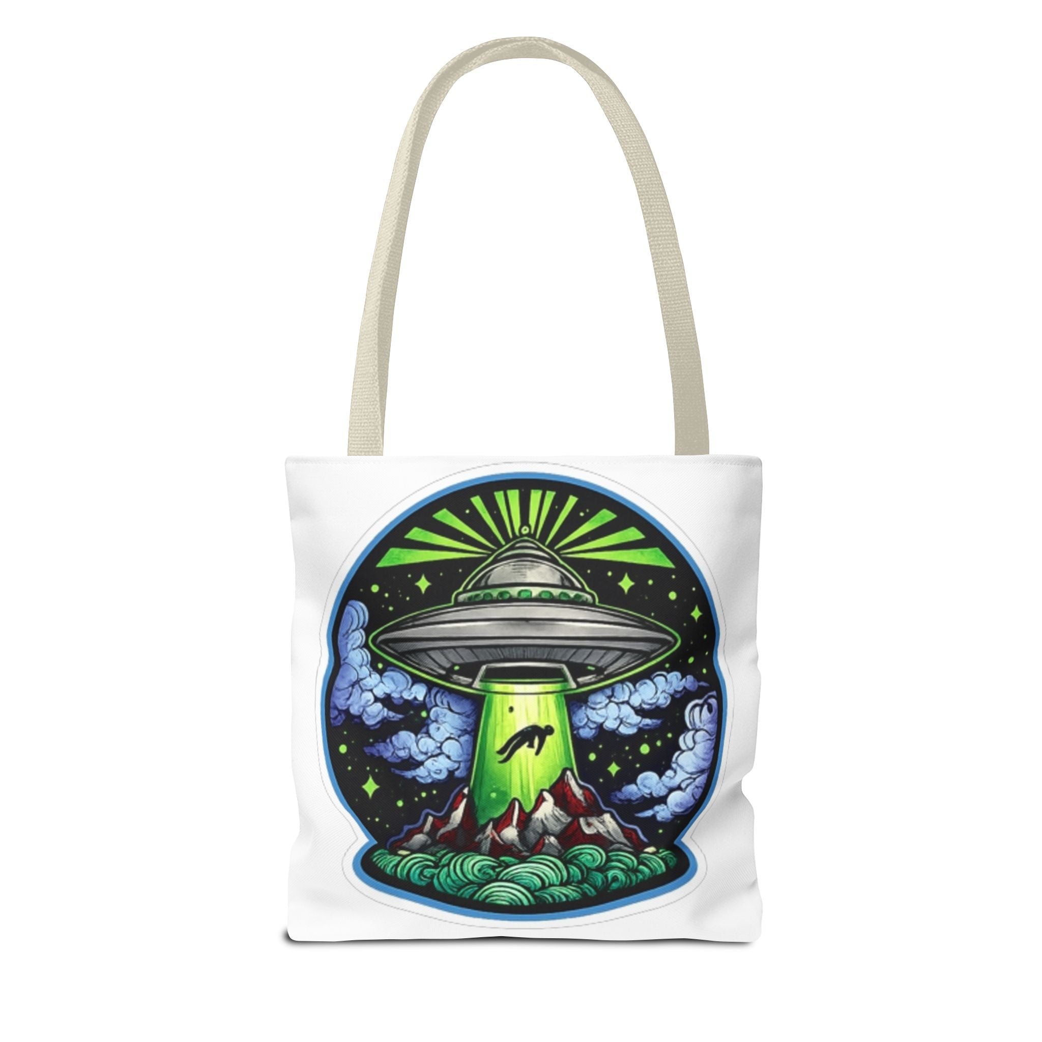 UFO Abduction Tote Bag — Alien Spaceship Mountain Art Tote