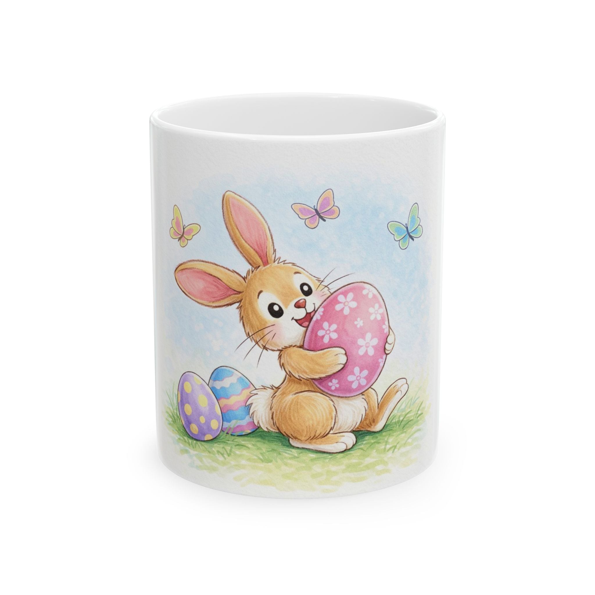 Easter Bunny Ceramic Mug — Cute Bunny Hugging Painted Easter Eggs (11oz & 15oz)