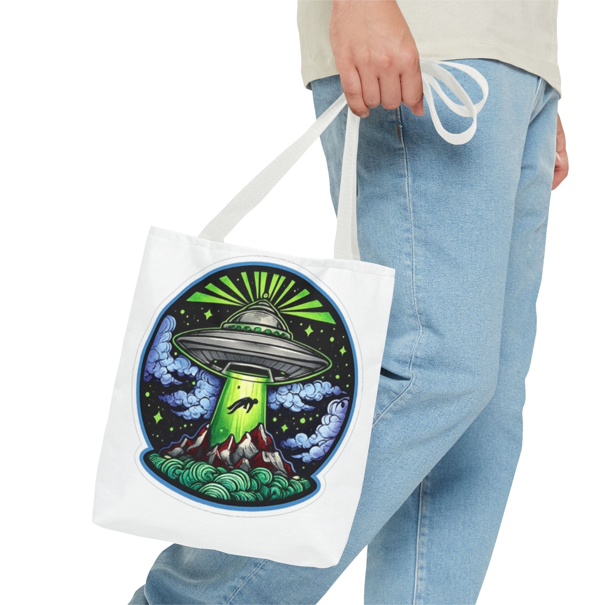 UFO Abduction Tote Bag — Alien Spaceship Mountain Art Tote