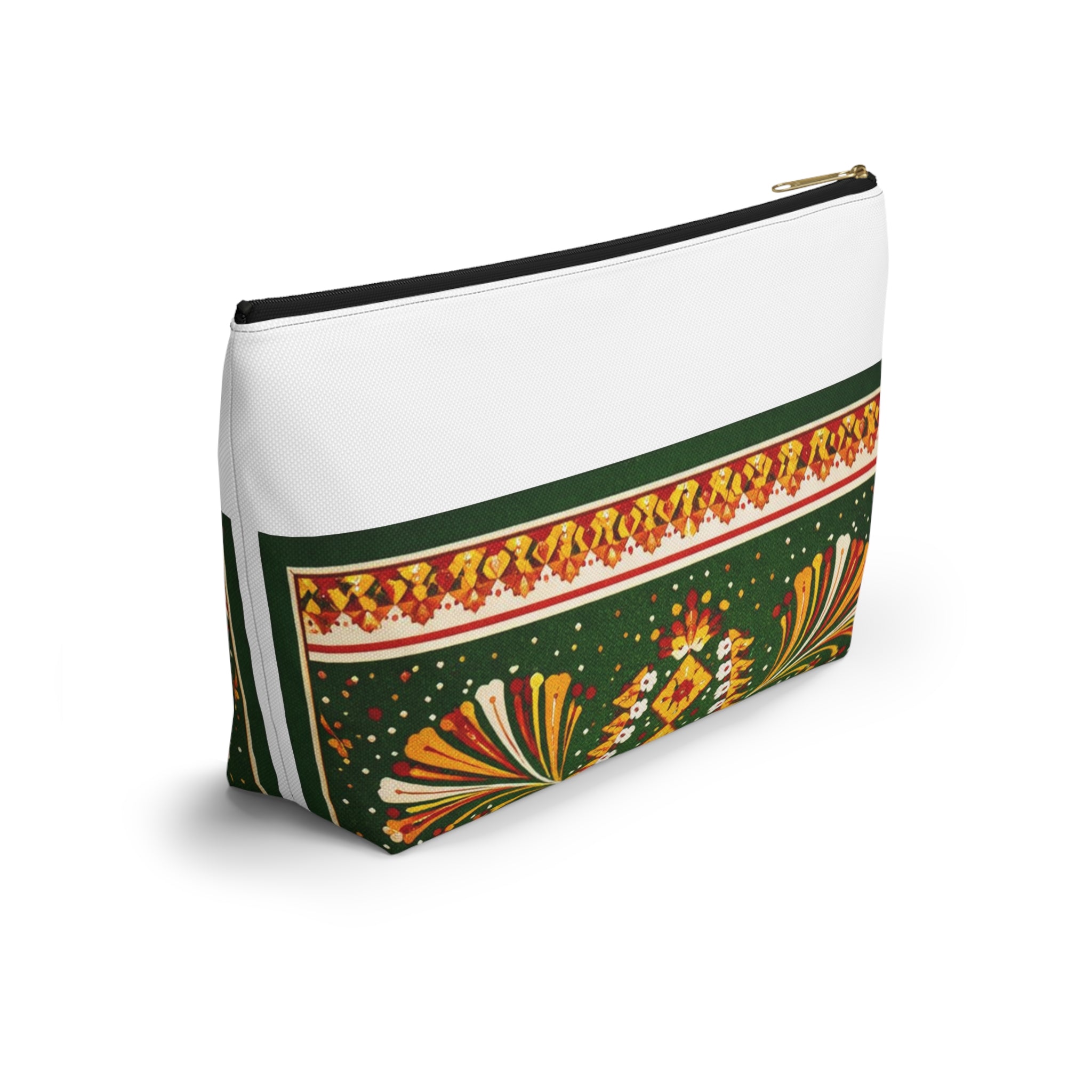 Floral Folk-Pattern Accessory Pouch — Green & Gold Boho Makeup Bag