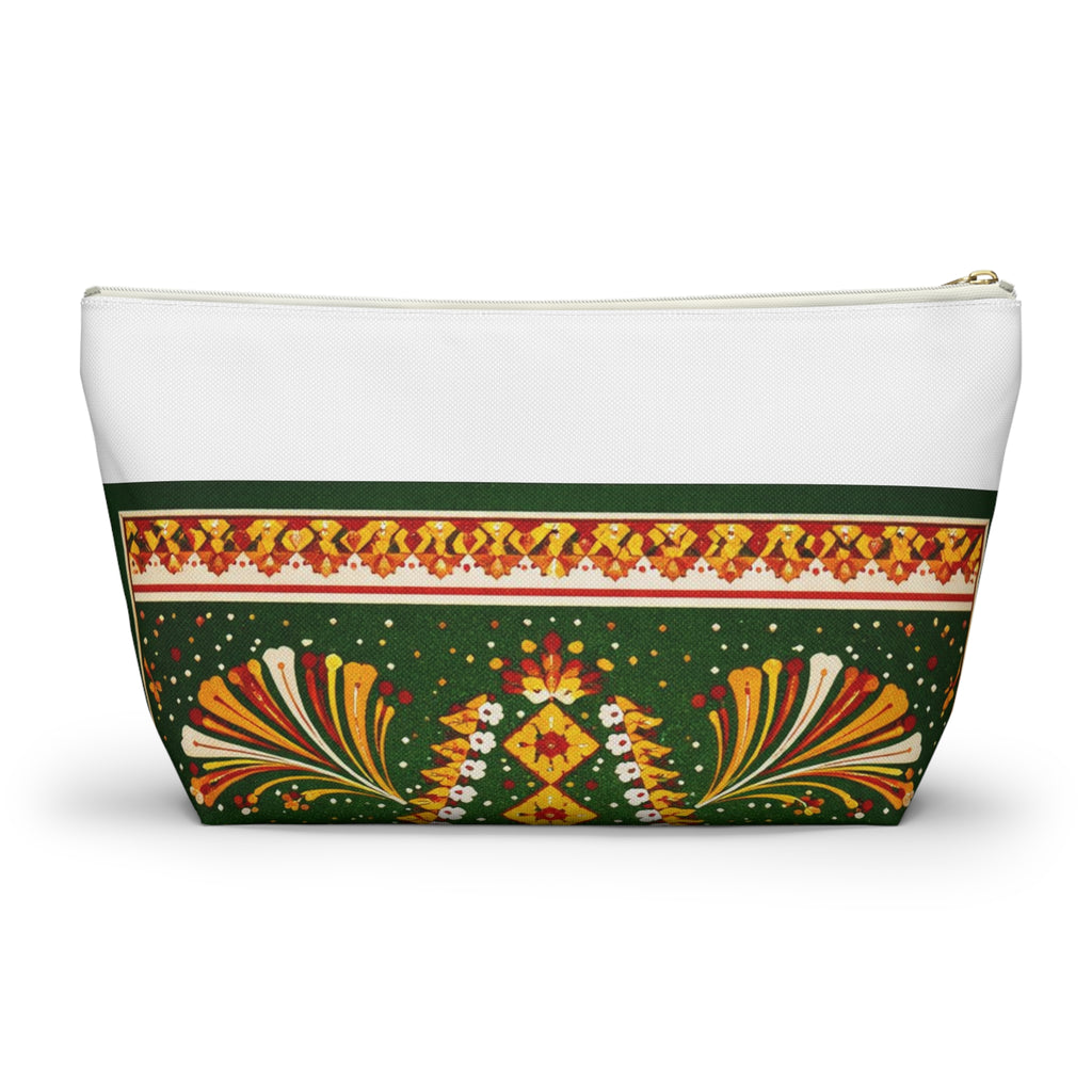 Floral Folk-Pattern Accessory Pouch — Green & Gold Boho Makeup Bag