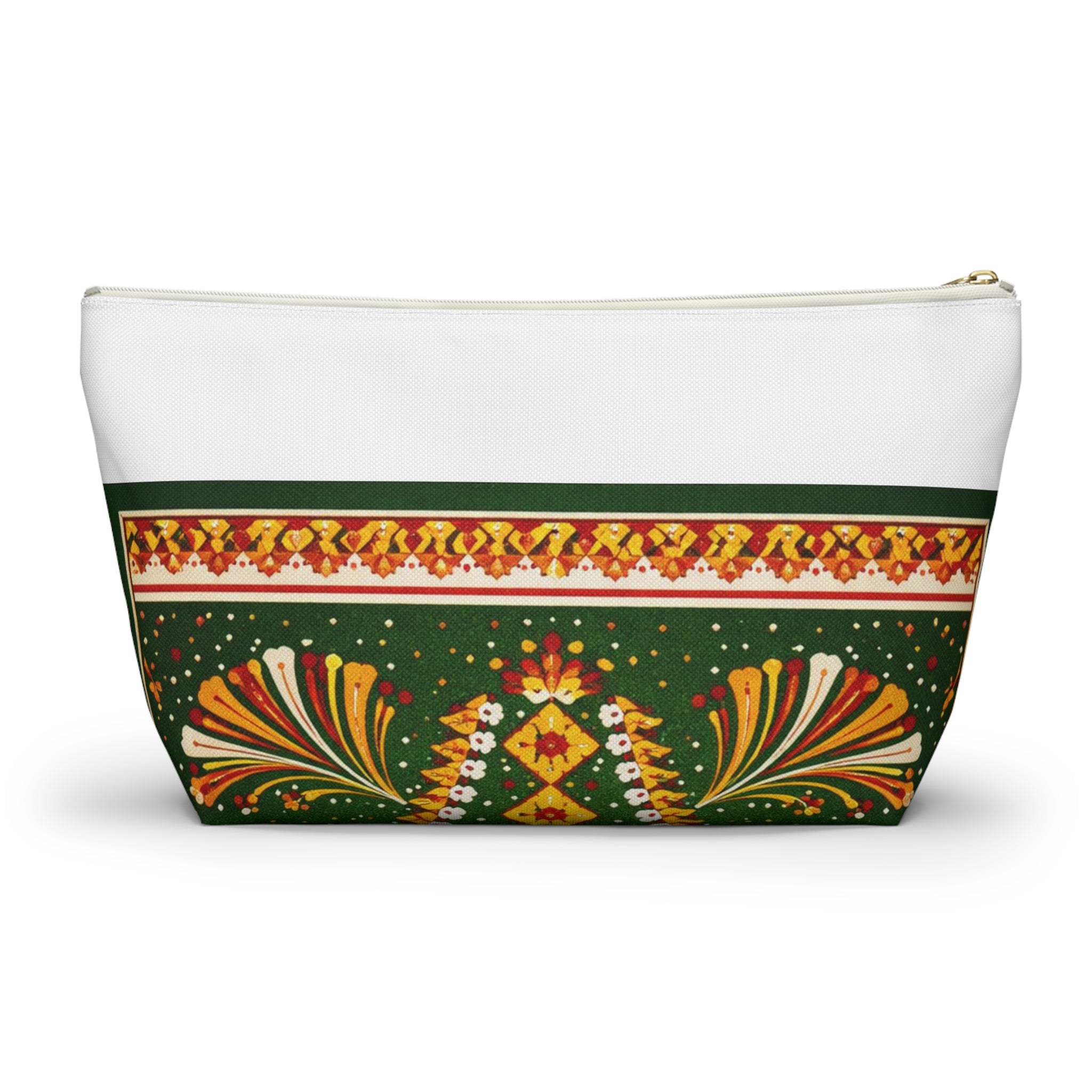 Floral Folk-Pattern Accessory Pouch — Green & Gold Boho Makeup Bag
