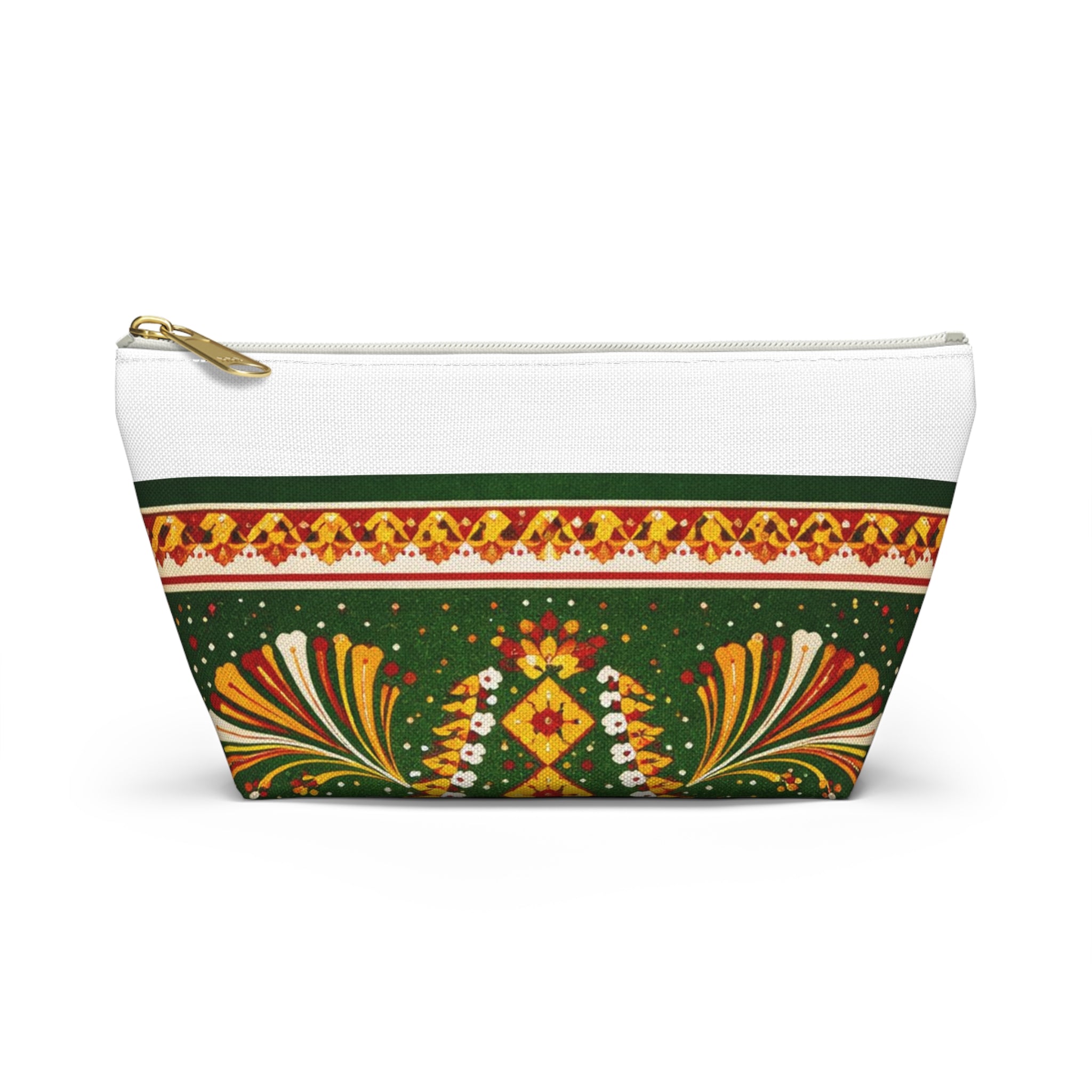 Floral Folk-Pattern Accessory Pouch — Green & Gold Boho Makeup Bag